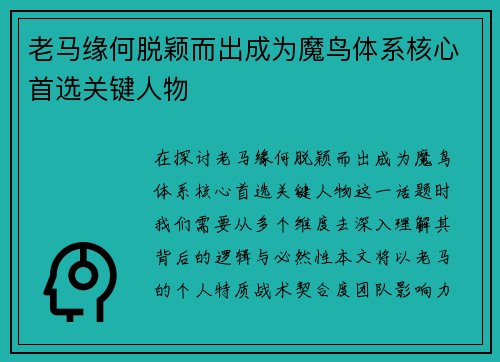 老马缘何脱颖而出成为魔鸟体系核心首选关键人物